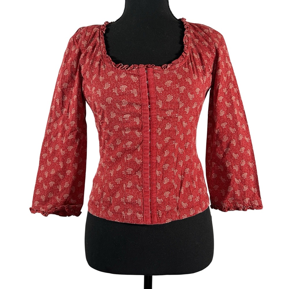 Ralph Lauren Women's 1980s Vintage Red Paisley Ruffle Corset Blouse Shirt Size 4